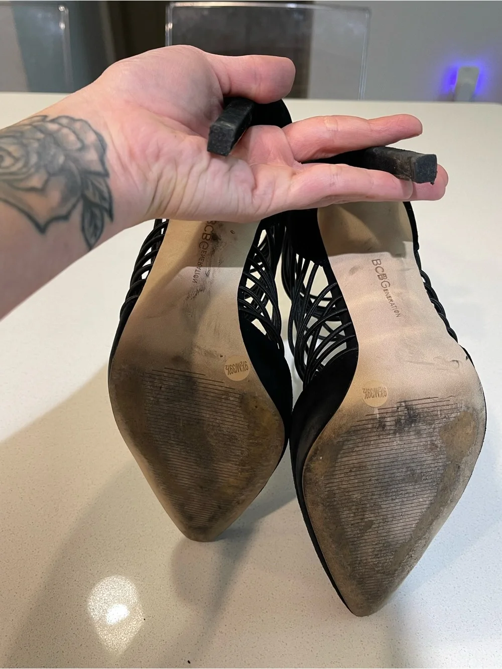 BCBGeneration Black Strappy Suede Pointed-Toe Stiletto Heels